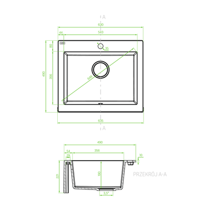 Technical drawing – Laveo Komodo Granite Kitchen Sink Single Bowl 630 mm - Black – SBK_710T