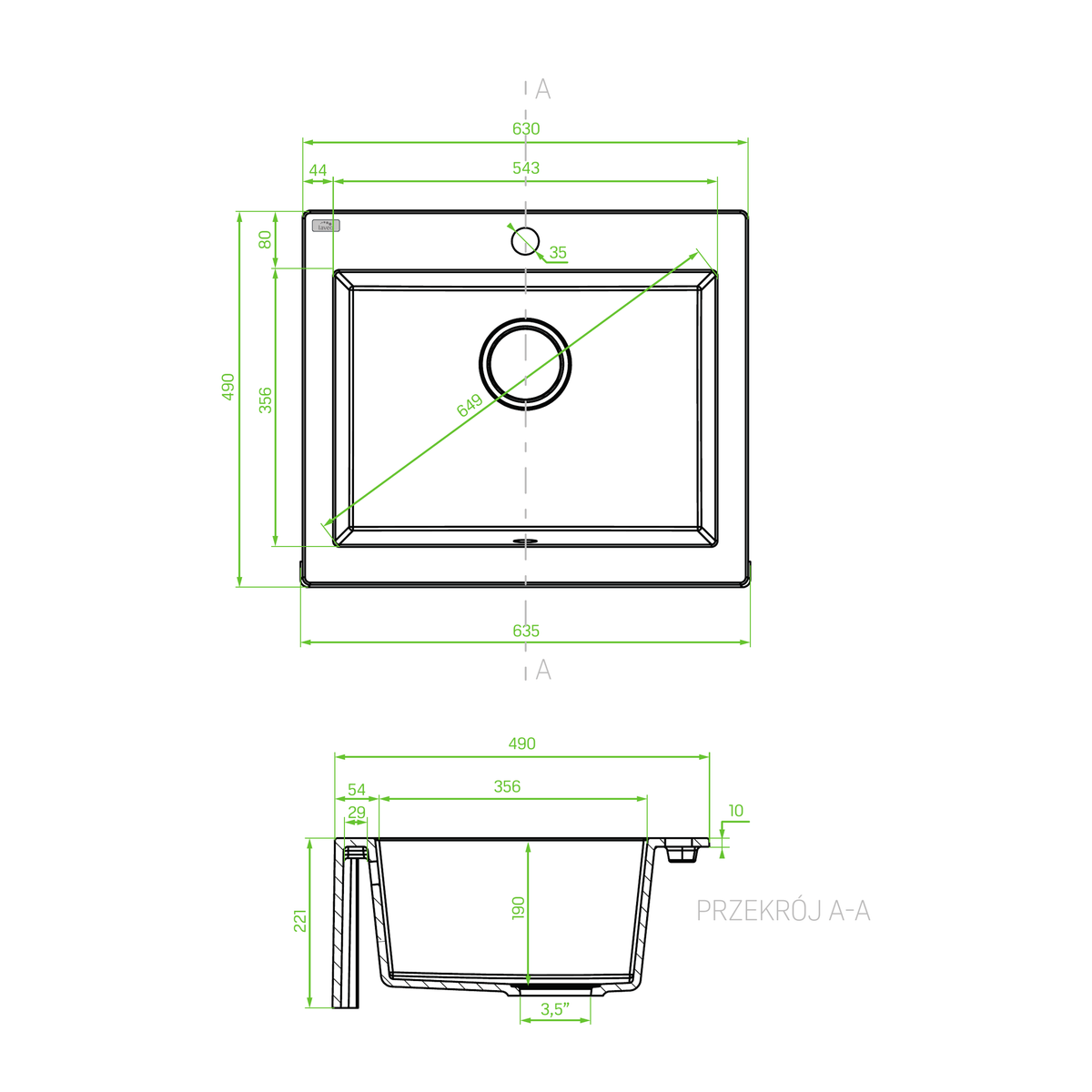 Technical drawing – Laveo Komodo Granite Kitchen Sink Single Bowl 630 mm - Beach Sand – SBK_410T