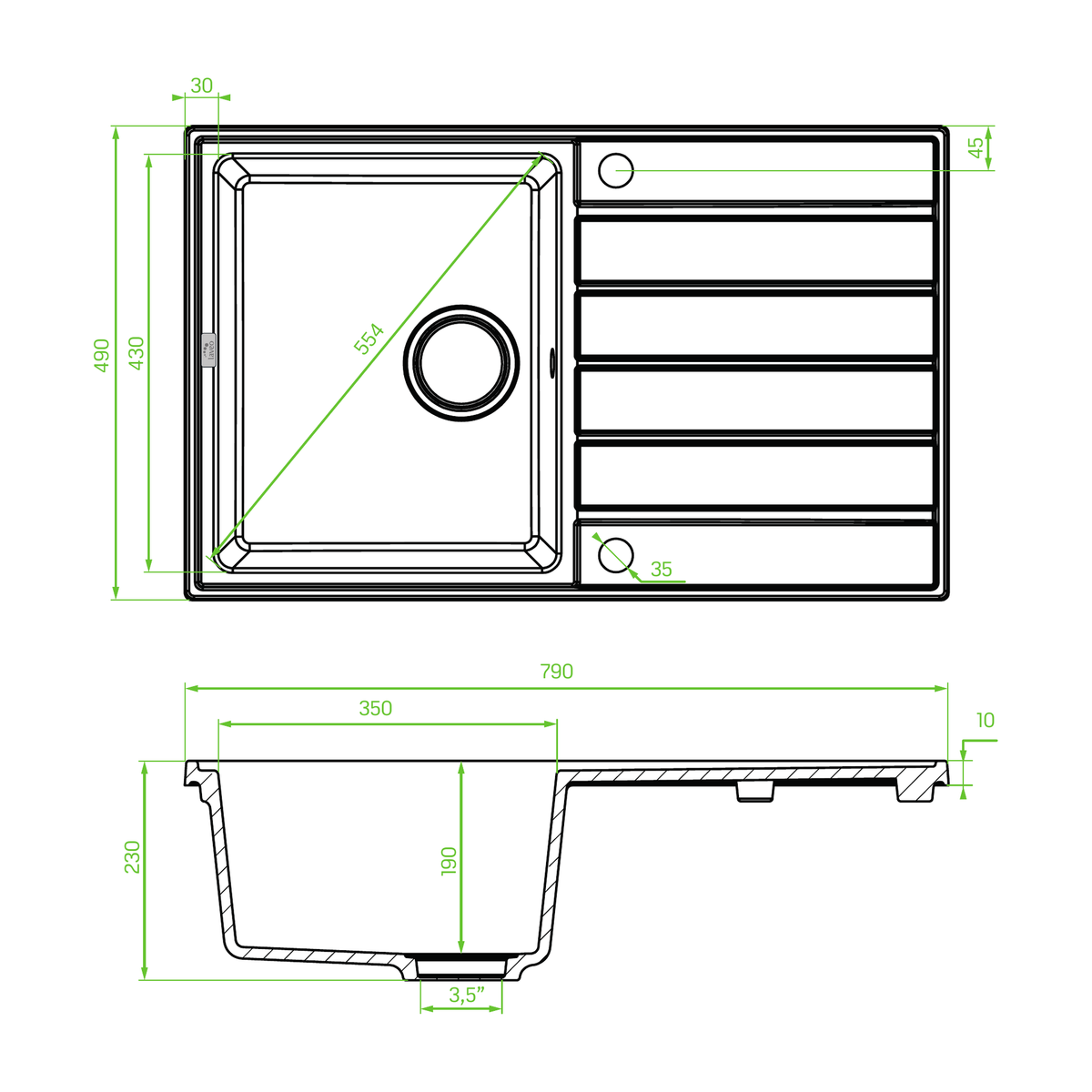 Technical drawing – Laveo Margarita Granite Sink 1 Bowl with Drainer - Grey – SBM_511T
