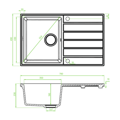 Technical drawing – Laveo Margarita Granite Sink 1 Bowl with Drainer - Grey – SBM_511T
