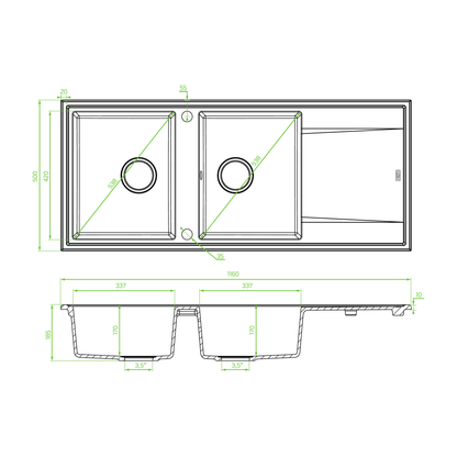 Technical drawing – Laveo Megalo Granite Sink 2 Bowl with Drainer - Black – SBE_721T