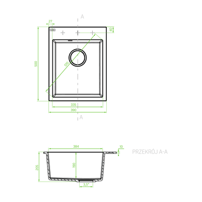 Technical drawing – Laveo Monchichi Granite Kitchen Sink Single Bowl 500 mm - Black – SBO_710Y