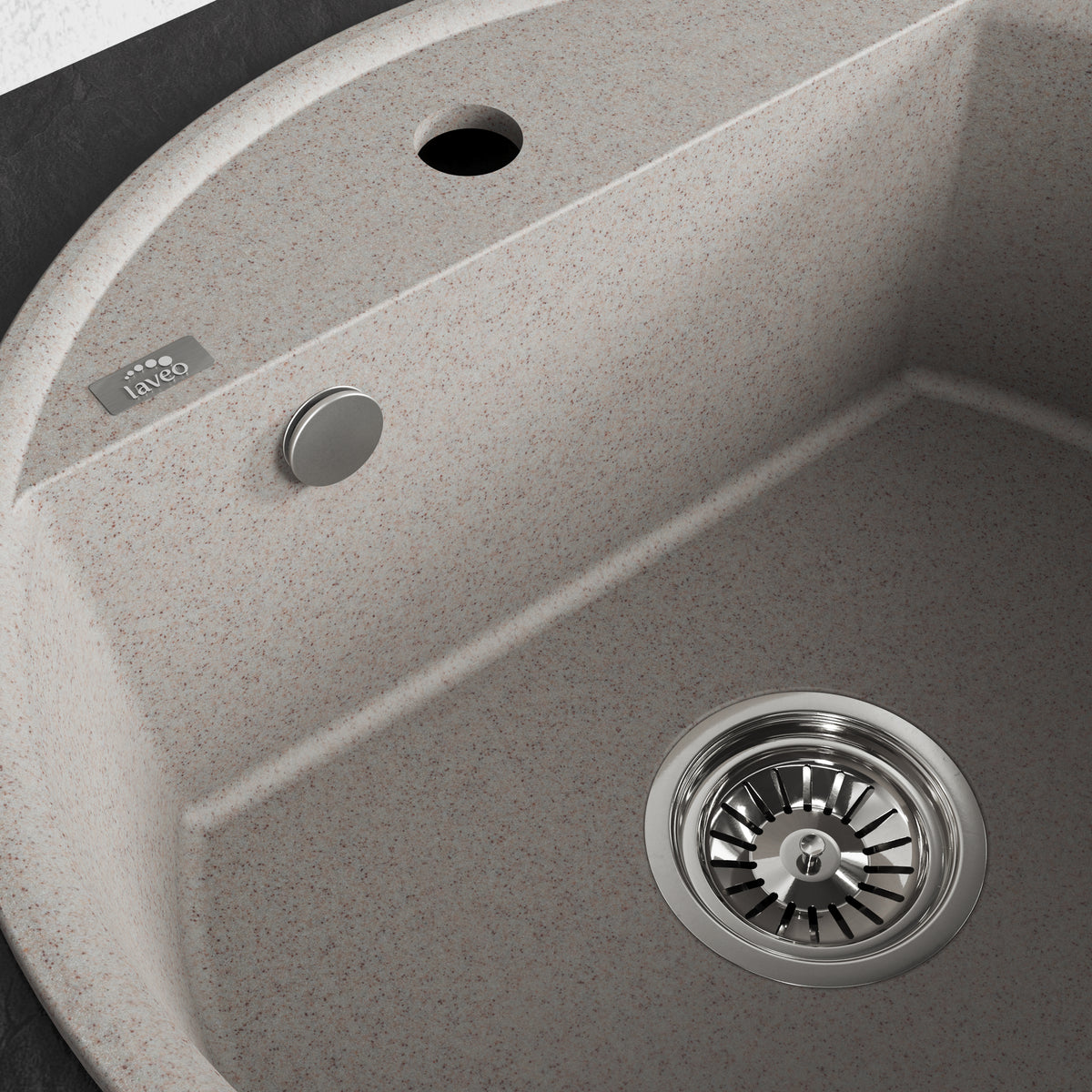 Laveo Muna round single-bowl sink - beige bowl, overflow and waste detail