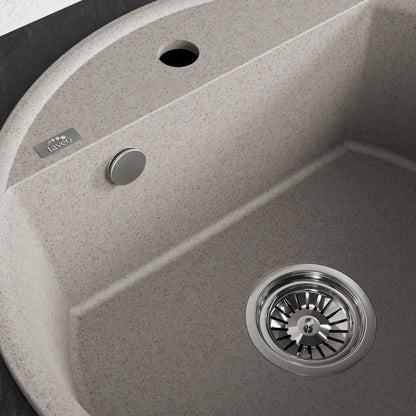 Laveo Muna round single-bowl sink - beige bowl, overflow and waste detail
