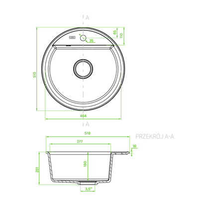 Technical drawing – Laveo Muna Granite Kitchen Sink Single Bowl 510 mm - Grey – SPU_580Y