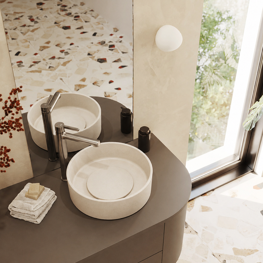 Laveo Perl Jasmine countertop basins in a modern bathroom
