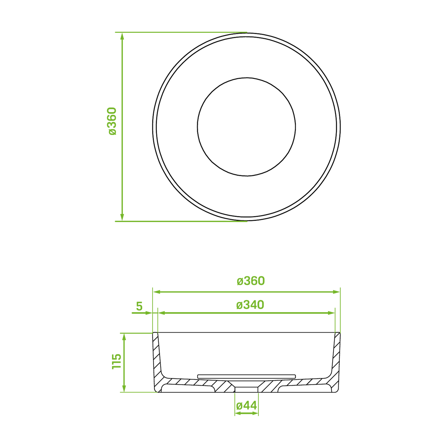 Technical drawing – Laveo Perl Granite Countertop Basin 360 mm - Grey – VGP1510T