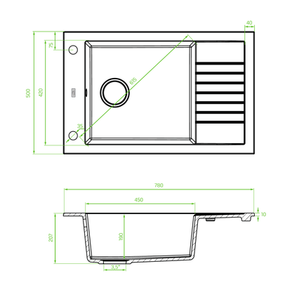 Technical drawing – Laveo Pioneer Granite Sink - Grey – SBR_513T