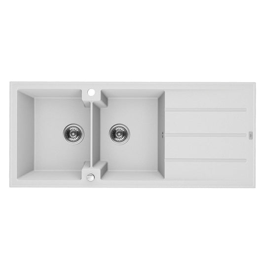 Laveo Canaria Granite Sink 2 Bowl with Drainer – White – SPC_621T