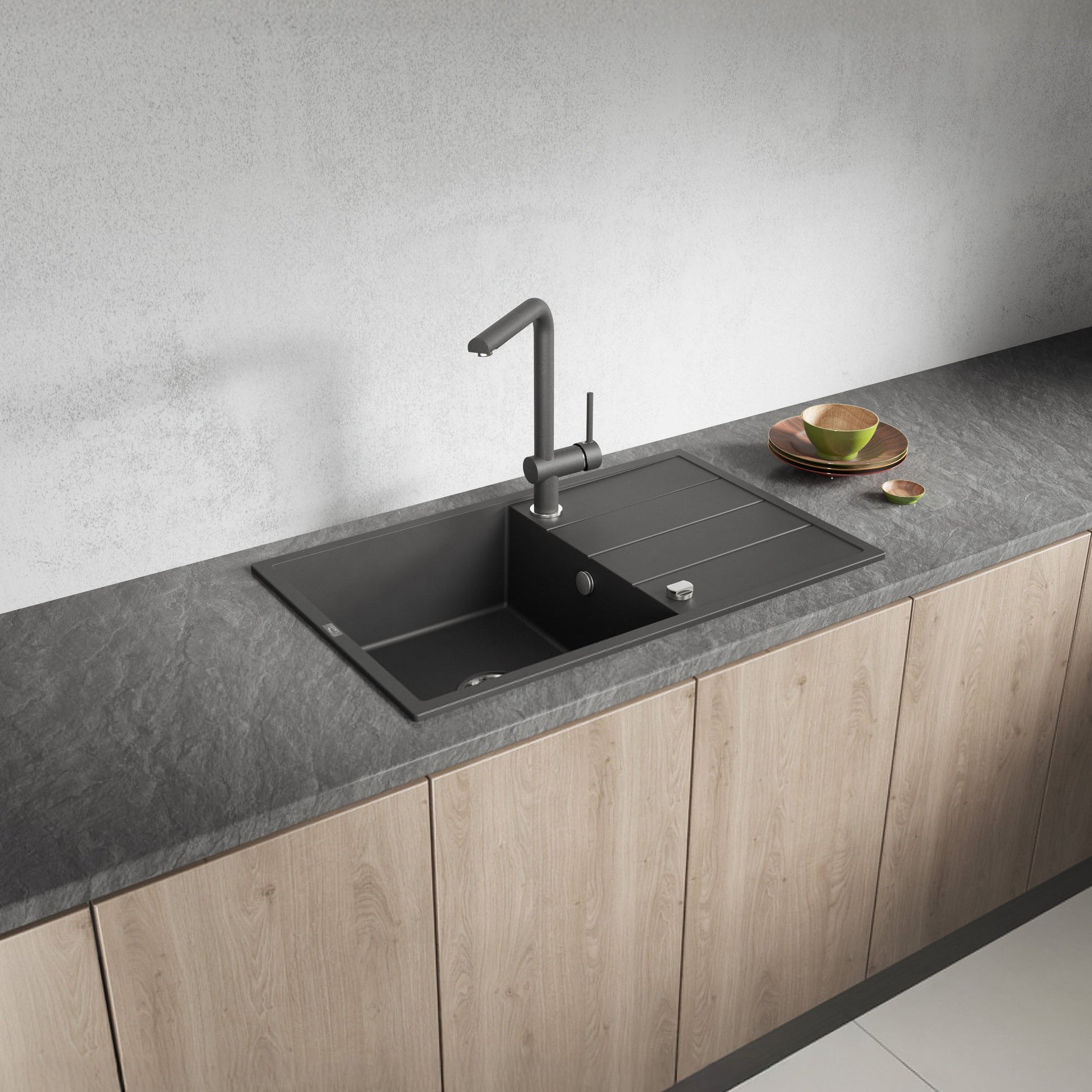 Laveo Wolin Granite Sink 1 Bowl with Drainer – Black – SPW_711T
