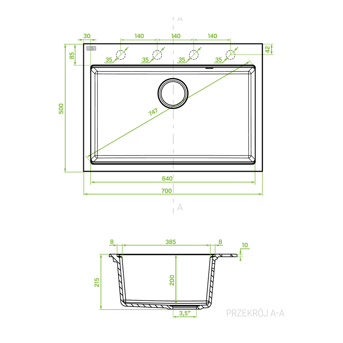 Technical drawing – Laveo Tau Granite Kitchen Sink Single Bowl 700 mm - Grey – SBT_5107