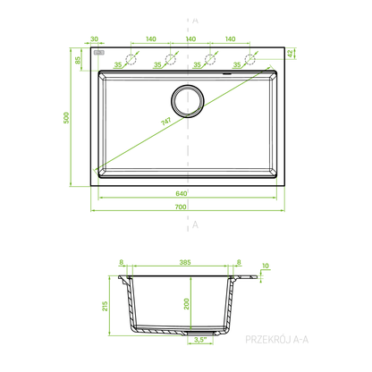 Technical drawing – Laveo Tau Granite Kitchen Sink Single Bowl 700 mm - Grey – SBT_5107