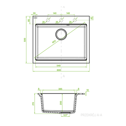 Technical drawing – Laveo Tau Granite Sink 1 Bowl 600mm - Black – SBT_7106