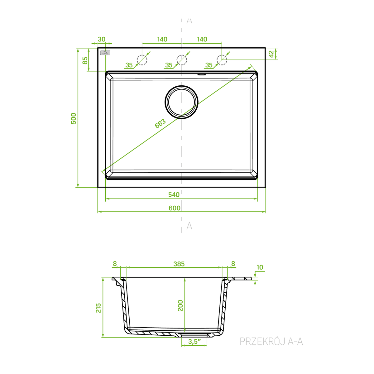 Technical drawing – Laveo Tau Granite Sink 1 Bowl 600mm - Grey – SBT_5106