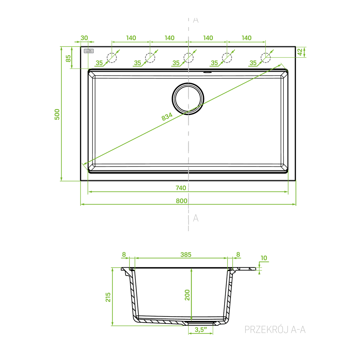 Technical drawing – Laveo Tau Granite Sink 1 Bowl 800mm - Grey – SBT_5108