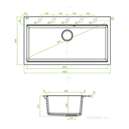 Technical drawing – Laveo Tau Granite Sink 1 Bowl 900mm - Black – SBT_7109