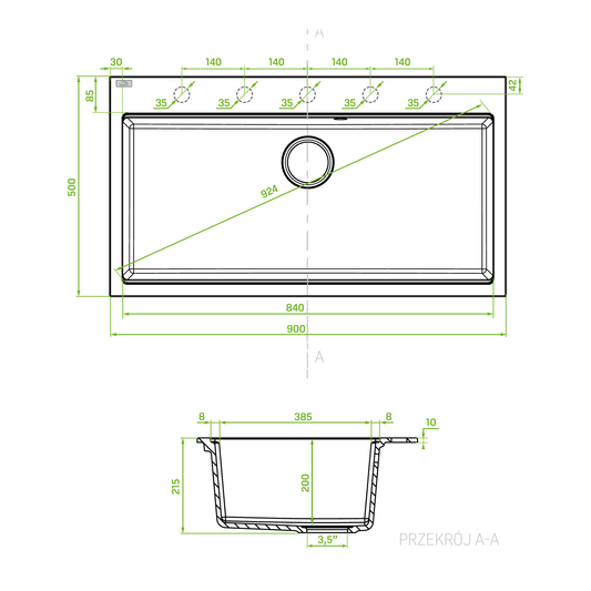 Technical drawing – Laveo Tau Granite Sink 1 Bowl 900mm - White – SBT_6109