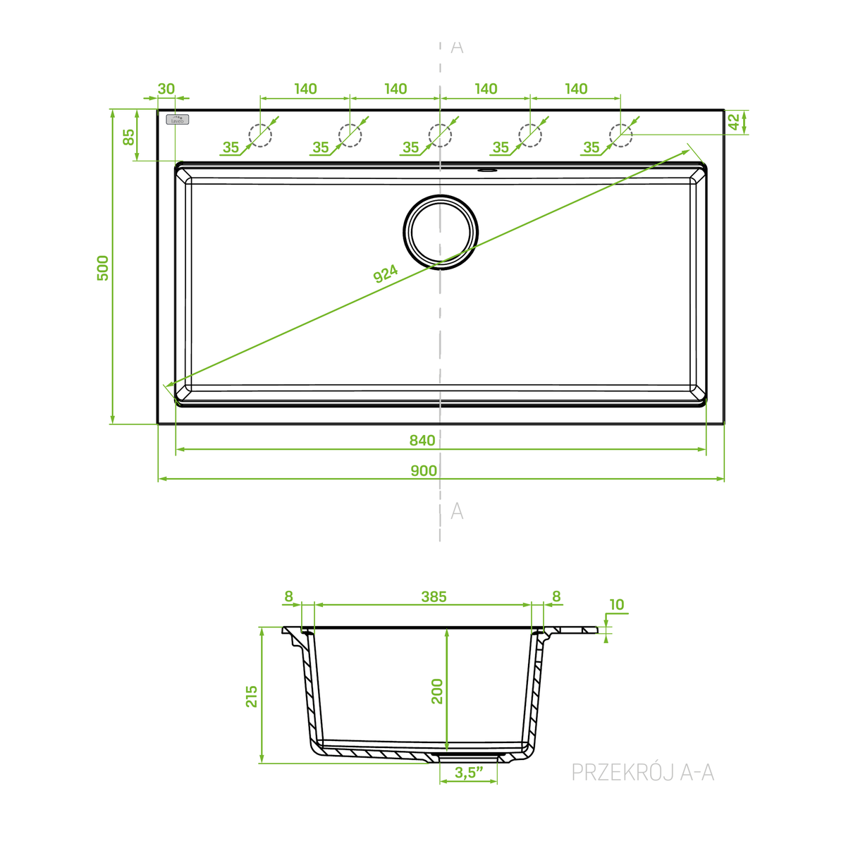 Technical drawing – Laveo Tau Granite Kitchen Sink Single Bowl 900 mm – Volcano Grey – SBT_V109