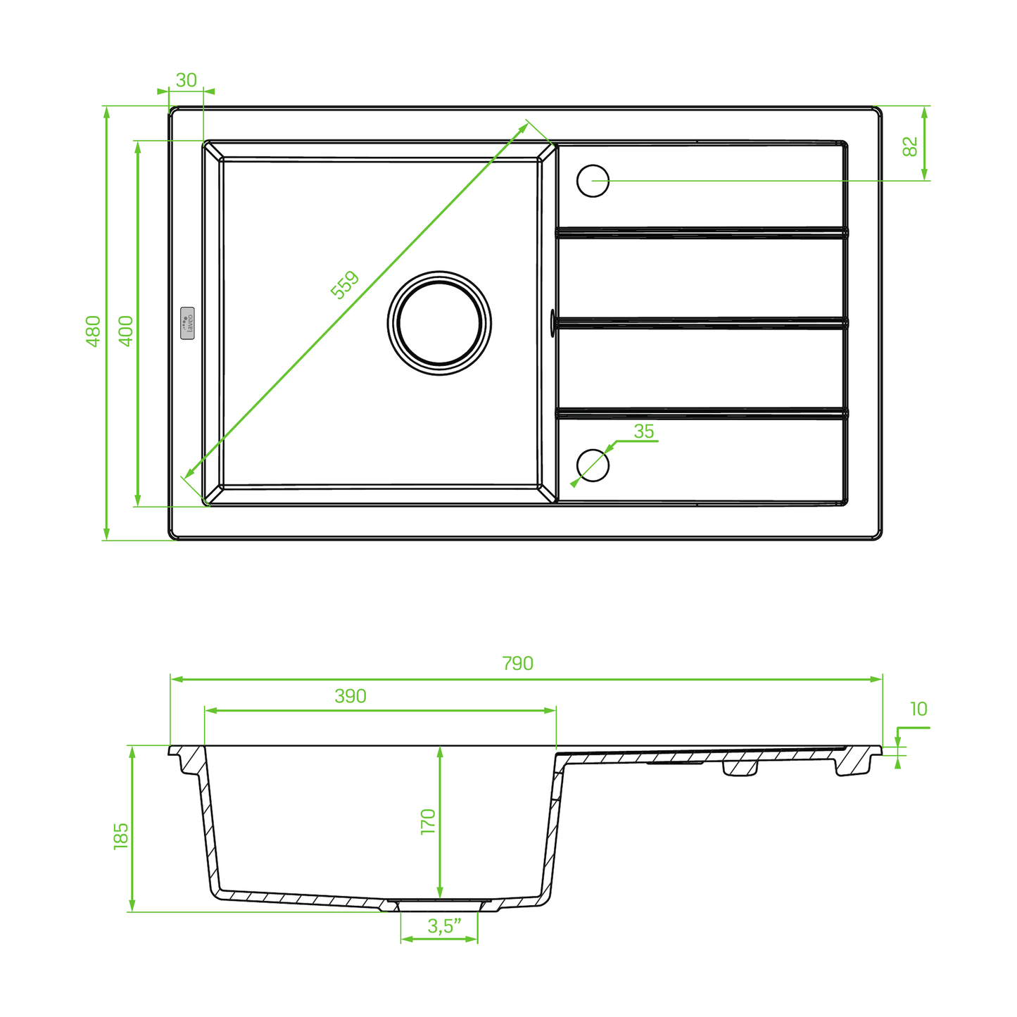 Technical drawing – Laveo Trzynastka Granite Sink 1 Bowl with Drainer - Black – SBP_711T
