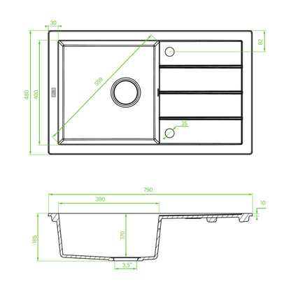 Technical drawing – Laveo Trzynastka Granite Sink 1 Bowl with Drainer - Black – SBP_711T