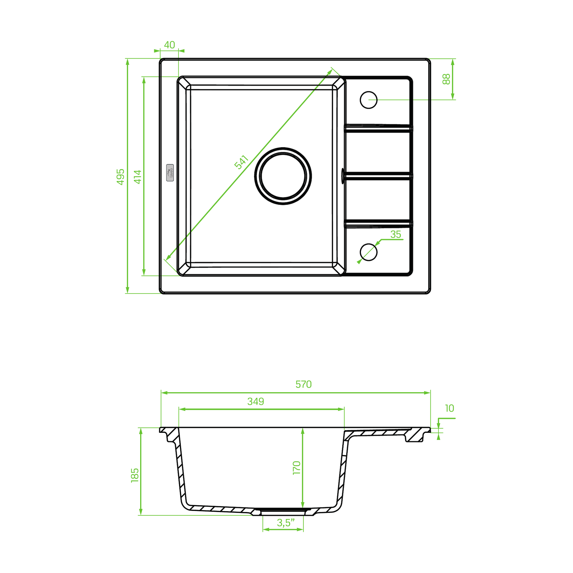 Technical drawing – Laveo Trzynastka Granite Sink 1 Bowl - Grey – SBP_513T