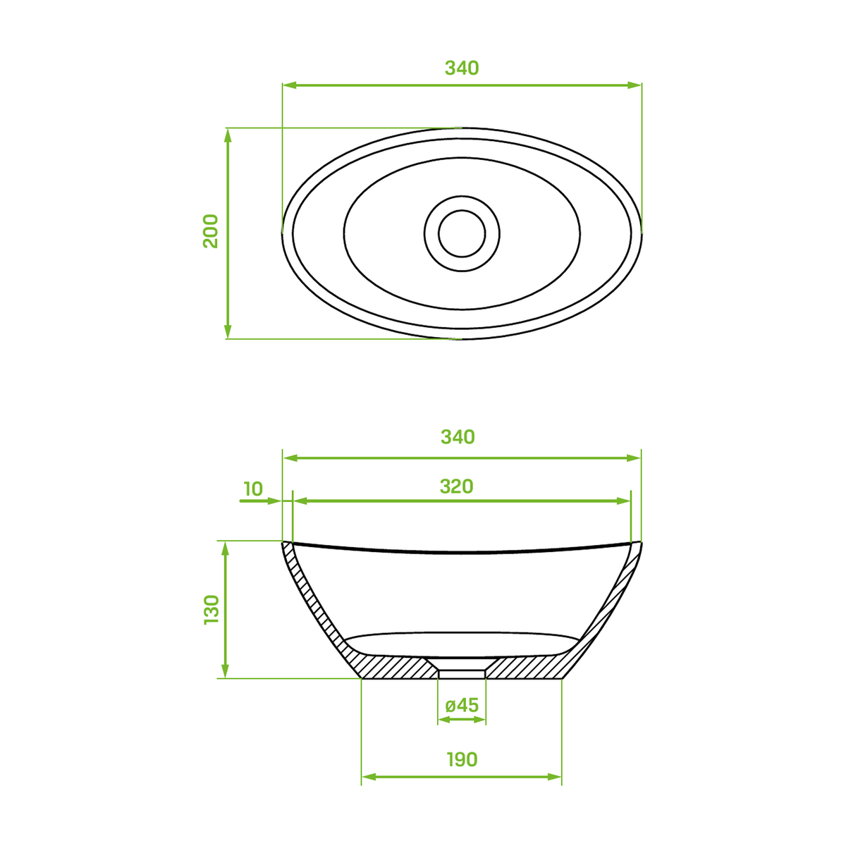 Technical drawing – Laveo Vela Granite Countertop Basin 340 mm - Grey – VGV1510T