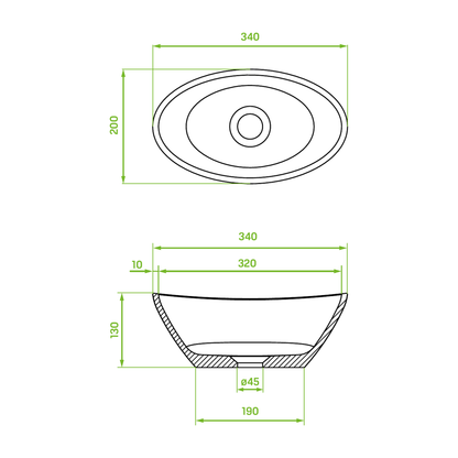 Technical drawing – Laveo Vela Granite Countertop Basin 340 mm - Grey – VGV1510T