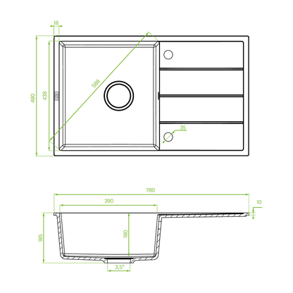 Technical drawing – Laveo Wolin Granite Kitchen Sink Single Bowl with Drainer 780 mm - Grey – SPW_511T