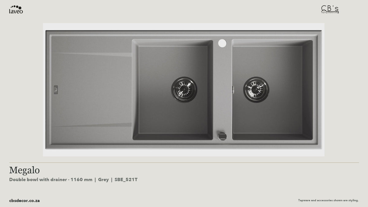 Laveo Megalo Granite Kitchen Sink Double Bowl with Drainer 1160mm - Grey · product video