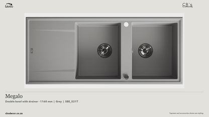 Laveo Megalo Granite Kitchen Sink Double Bowl with Drainer 1160mm - Grey · product video