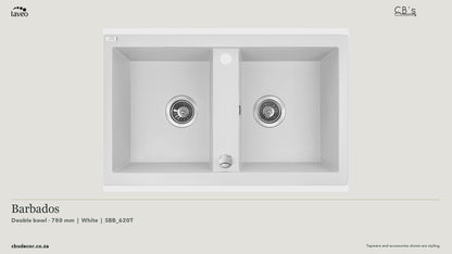 Laveo Barbados Granite Kitchen Sink Double Bowl 780mm - White · product video