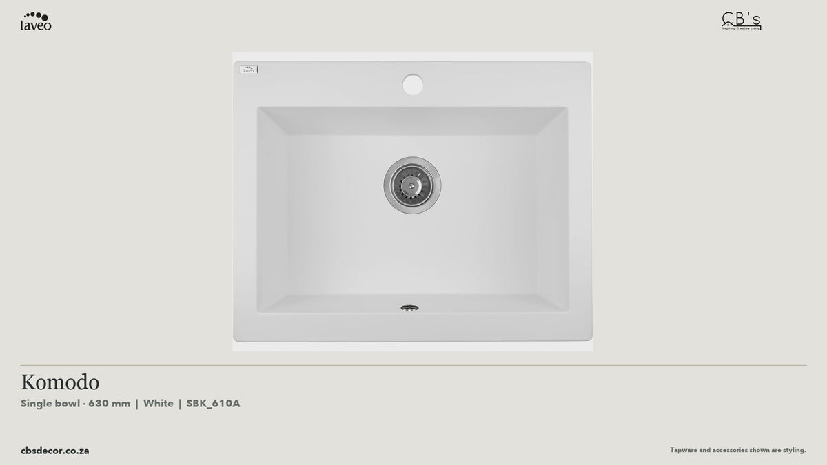 Laveo Komodo Granite Kitchen Sink Single Bowl 630mm - White · product video