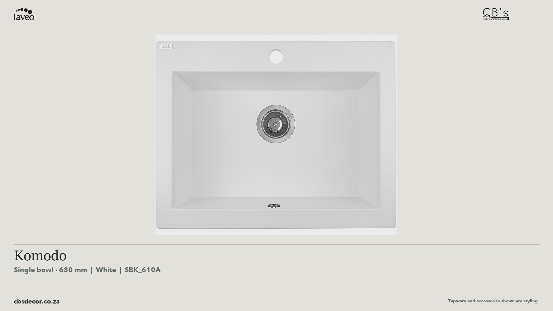 Laveo Komodo Granite Kitchen Sink Single Bowl 630mm - White · product video