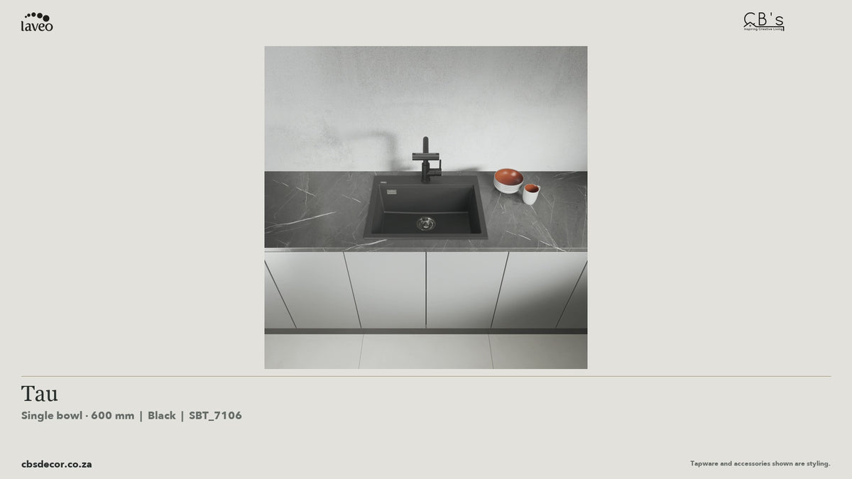 Laveo Tau Granite Kitchen Sink Single Bowl 600mm - Black · product video