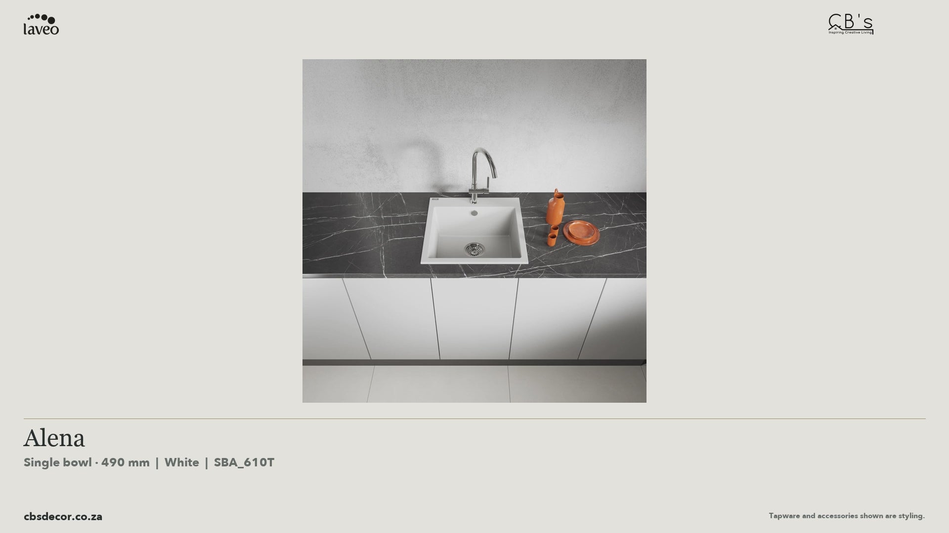 Laveo Alena Granite Kitchen Sink Single Bowl 490mm - White · product video