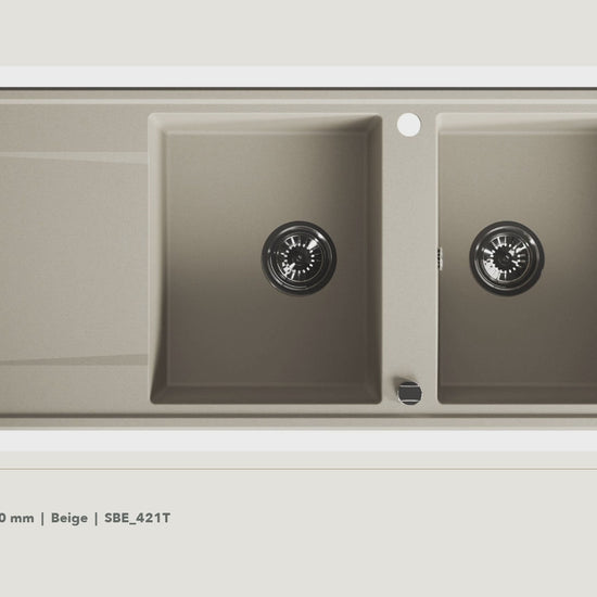 Laveo Megalo Granite Kitchen Sink Double Bowl with Drainer 1160mm - Beige / Beach Sand · product video