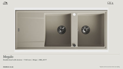 Laveo Megalo Granite Kitchen Sink Double Bowl with Drainer 1160mm - Beige / Beach Sand · product video