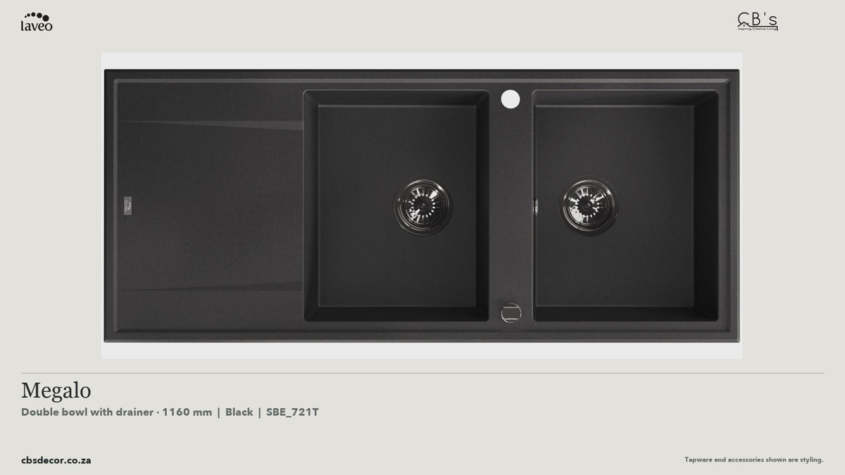 Laveo Megalo Granite Kitchen Sink Double Bowl with Drainer 1160mm - Black · product video