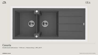Laveo Canaria Granite Kitchen Sink Double Bowl with Drainer 1160mm - Volcano Grey · product video