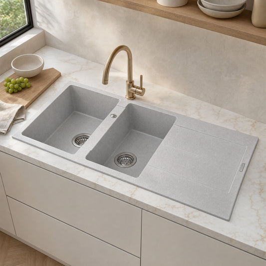 Sternhagen Enigma D200 Bianca double bowl granite composite kitchen sink in a modern kitchen