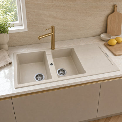 Sternhagen Enigma D200 Champagne double bowl granite composite kitchen sink in a modern kitchen