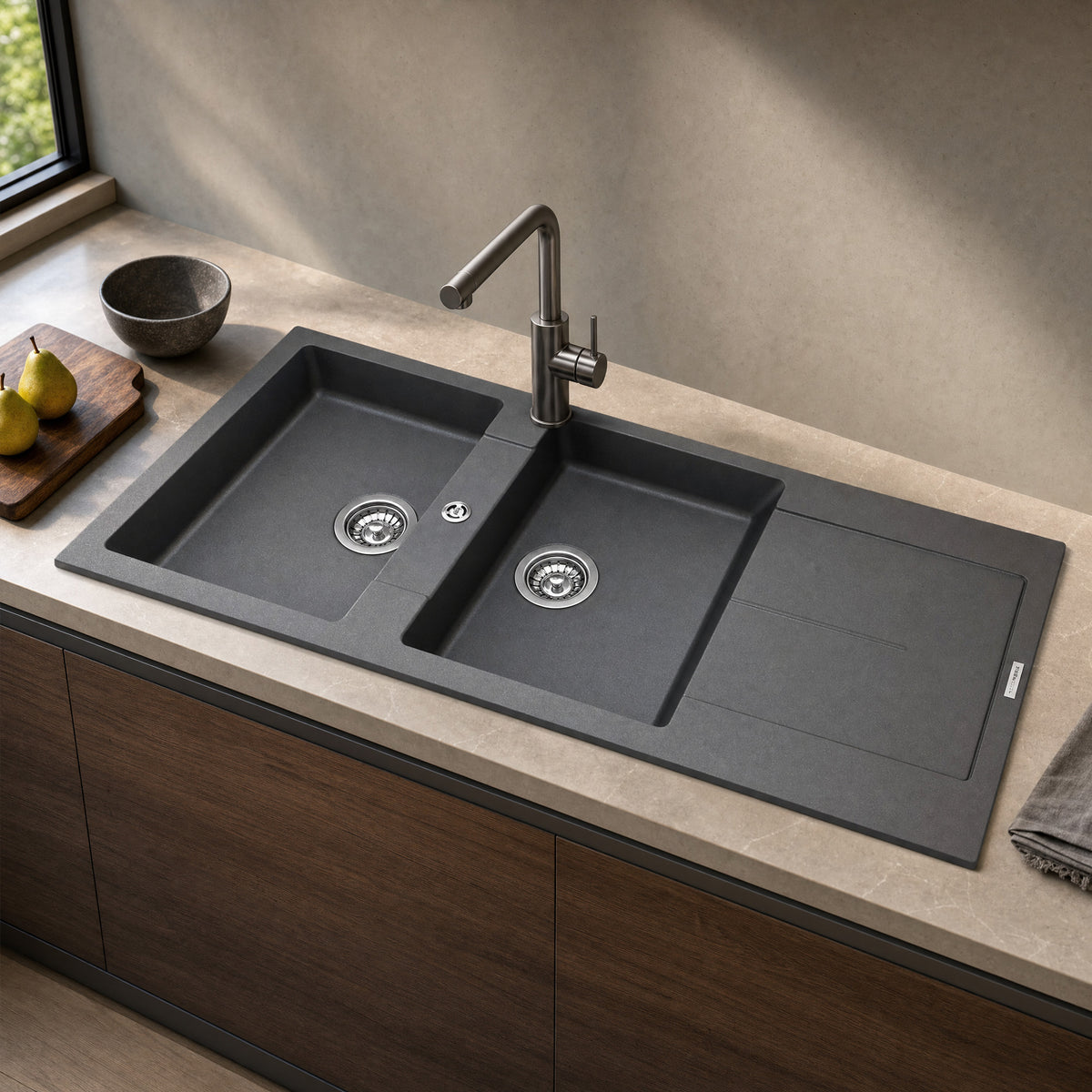 Sternhagen Enigma D200 Metallic Grey double bowl granite composite kitchen sink in a modern kitchen