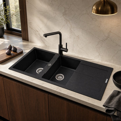 Sternhagen Enigma D200 Nera Black double bowl granite composite kitchen sink in a modern kitchen