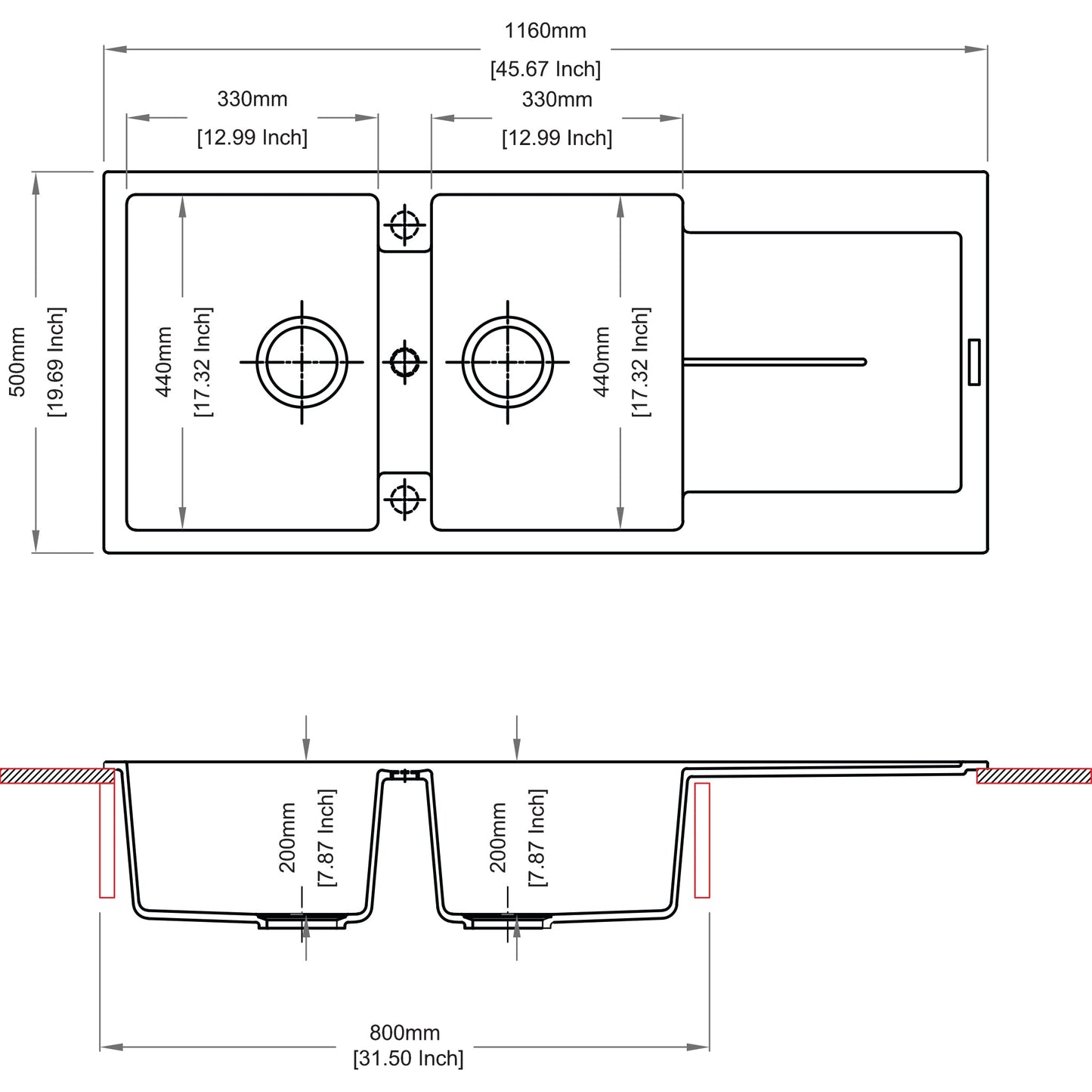 Sternhagen Enigma D200 Bianca double bowl kitchen sink technical drawing