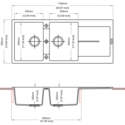 Sternhagen Enigma D200 Champagne double bowl kitchen sink technical drawing