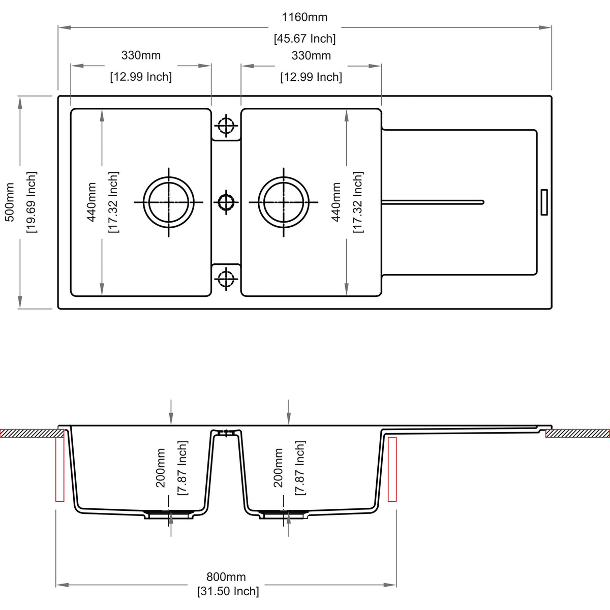 Sternhagen Enigma D200 Croma double bowl kitchen sink technical drawing