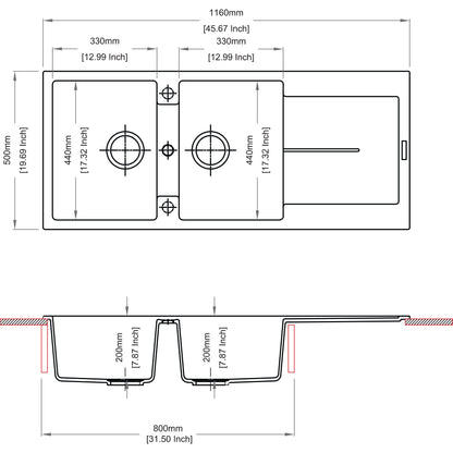 Sternhagen Enigma D200 Croma double bowl kitchen sink technical drawing