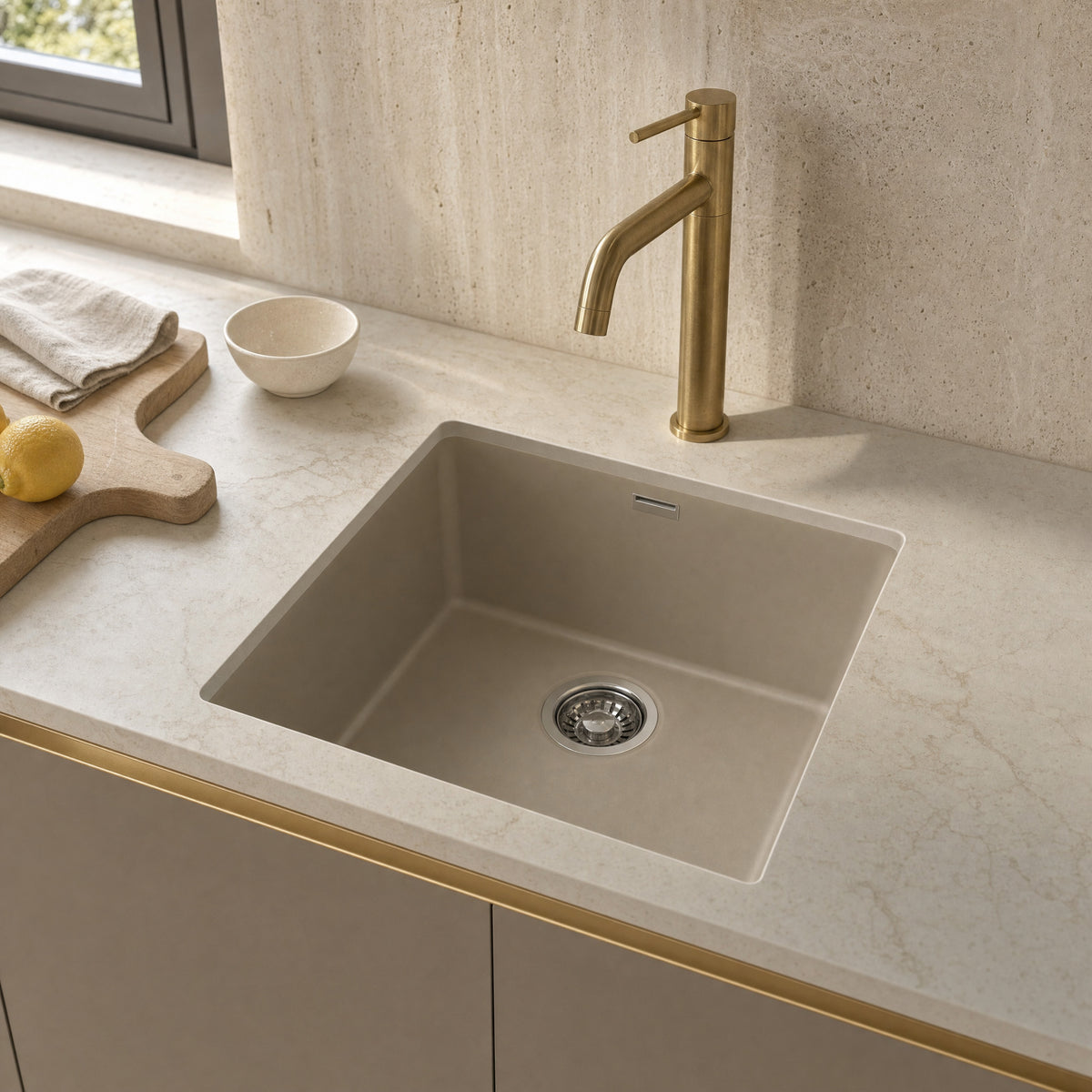 Sternhagen Enigma N100M Champagne undermount single bowl granite composite kitchen sink in a modern kitchen