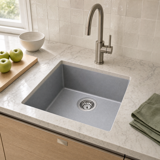 Sternhagen Enigma N100M Croma undermount single bowl granite composite kitchen sink in a modern kitchen