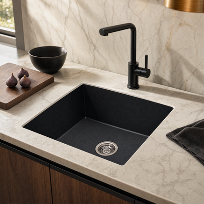 Sternhagen Enigma N100M Nera Black undermount single bowl granite composite kitchen sink in a modern kitchen